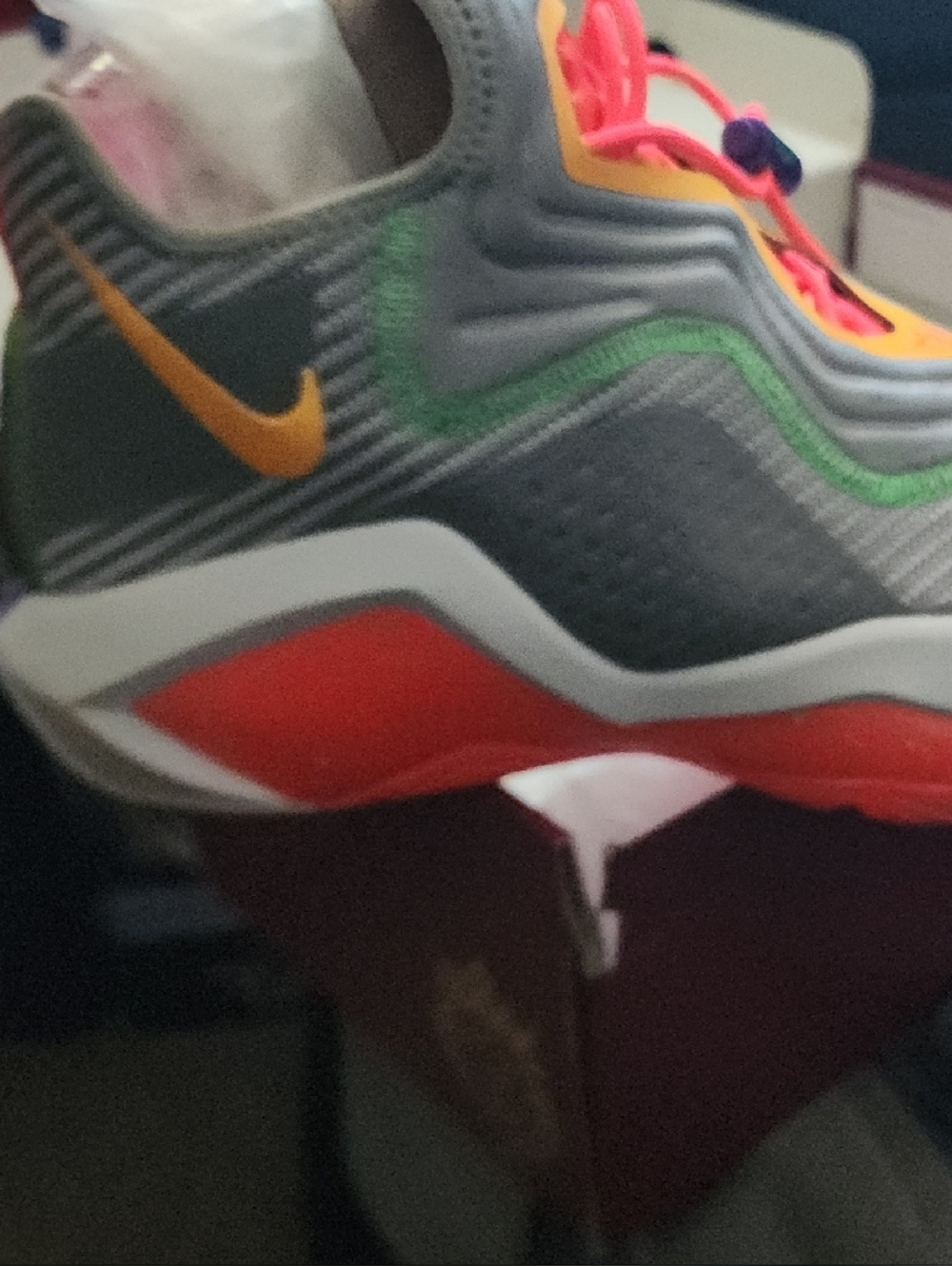 Nikes, Lebron's, Soldier XIV Grey Athletic Sneaker with Orange and Green Accents